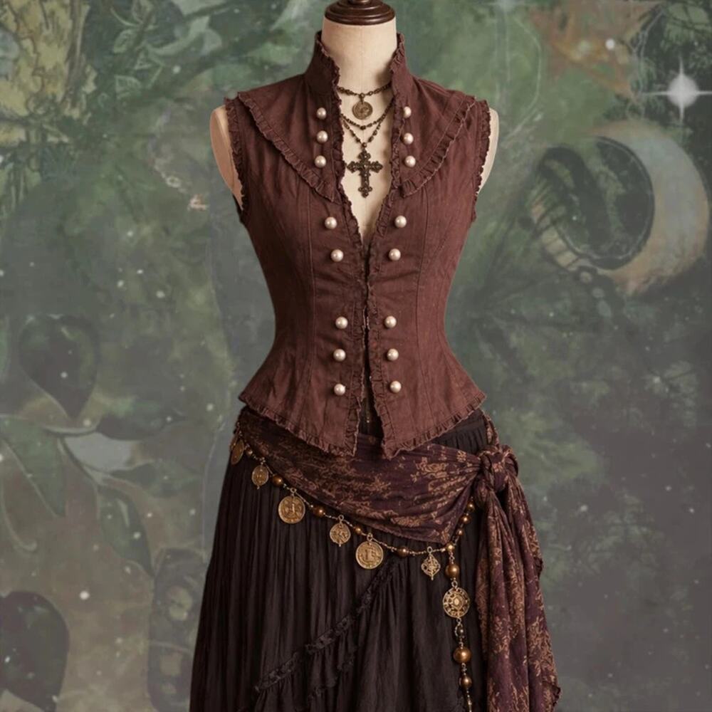 Victorian Goth Ruffle Corset Vest Brown Steampunk XS